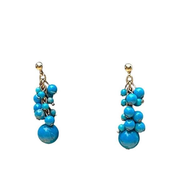Handmade Dangle Drop Earrings Clustered Turquoise Colored Round Stones Pierced - Picture 3 of 4